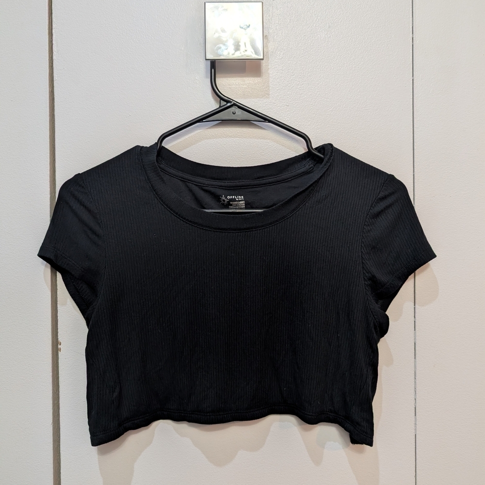Aerie Black Crewneck Crop Top with Open Back